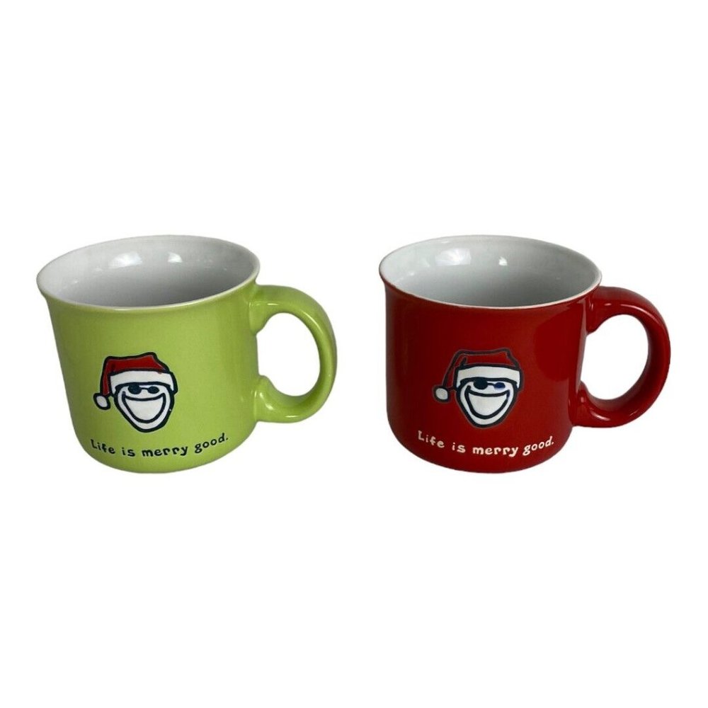 Life Is Merry Good Home  Mug Set of 2 Santa Hap Holiday Christmas Red Green NEW